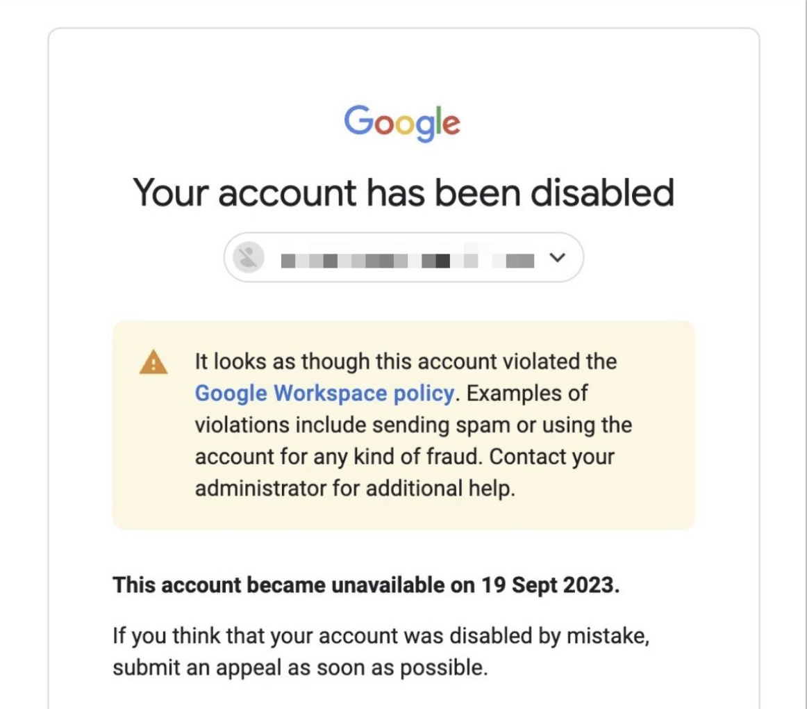 Google notice reading “Your account has been disabled” for violating Google Workspace policy, such as sending spam